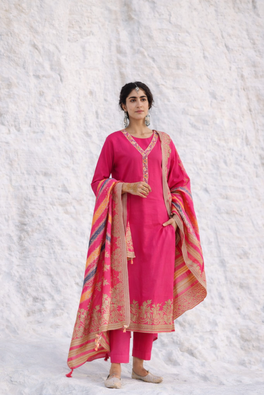 Fuchsia Pink Embroidered Kurta Pant Set with Dupatta