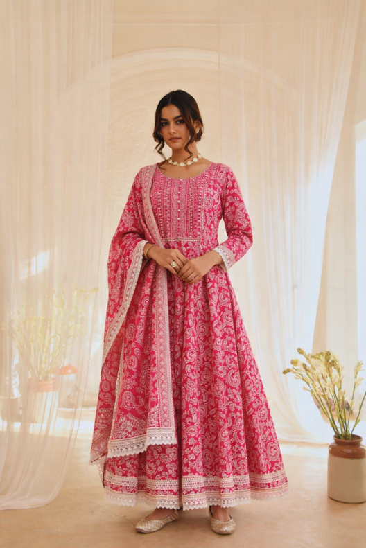 Rose Pink Printed Anarkali Suit with Dupatta