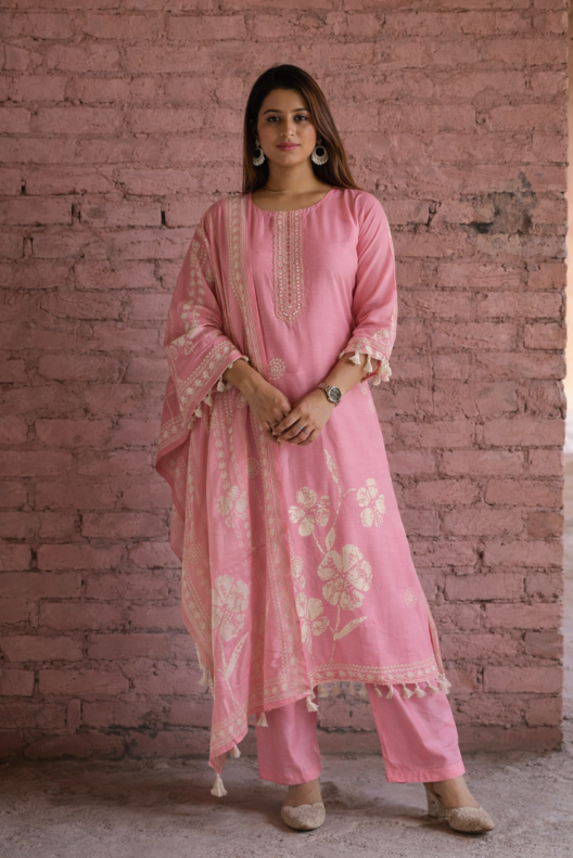 Blush Pink Printed Kurta Pant Set with Dupatta