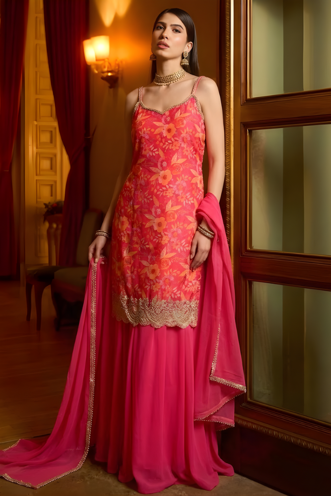 Coral Pink Floral Printed Kurta Sharara Set with Dupatta