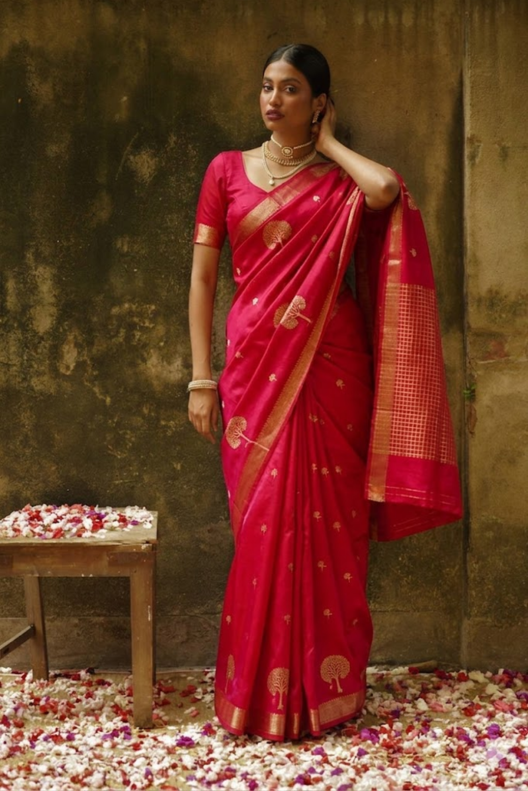 Crimson Red Pure Banarasi Silk Saree with Gold Zari Motifs