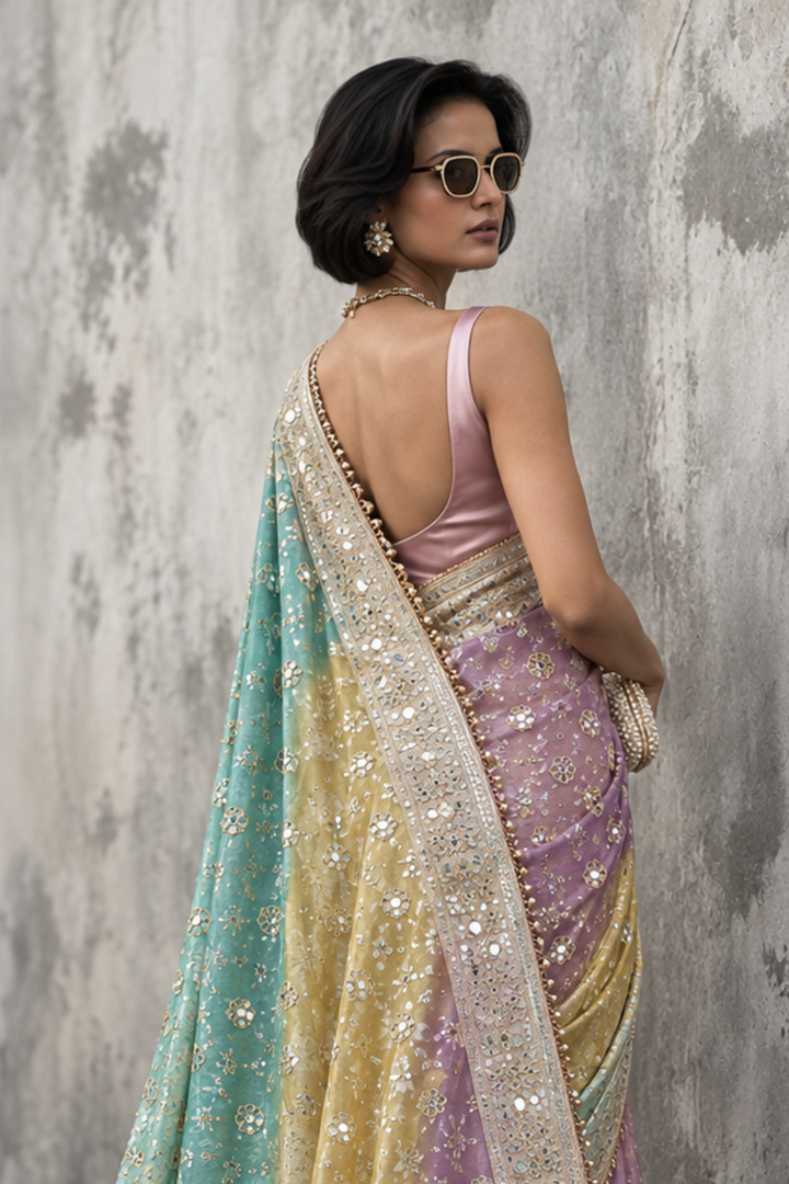 Pastel Multicolour Embroidered Tissue Silk Saree