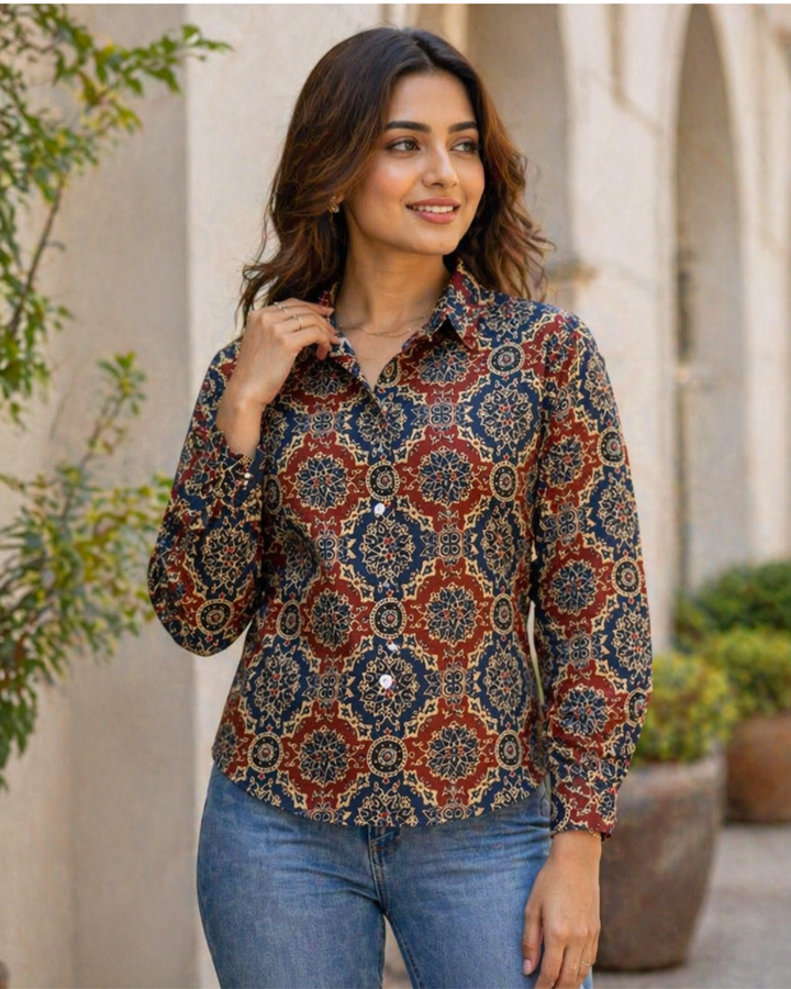 Rust & Navy Ajrakh Inspired Printed Casual Shirt