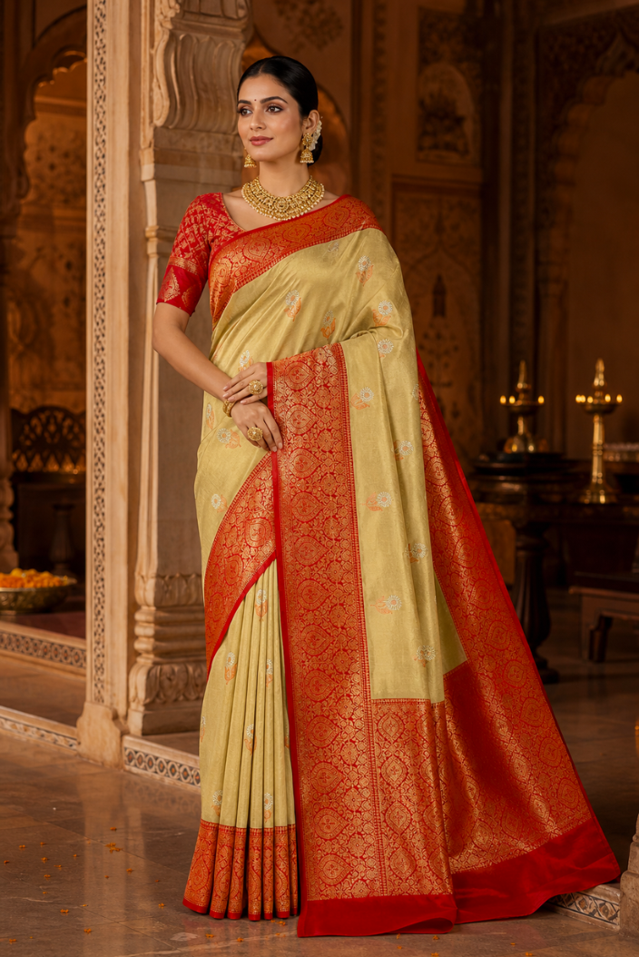 Royal Golden Katan Silk Saree with Red Zari Border