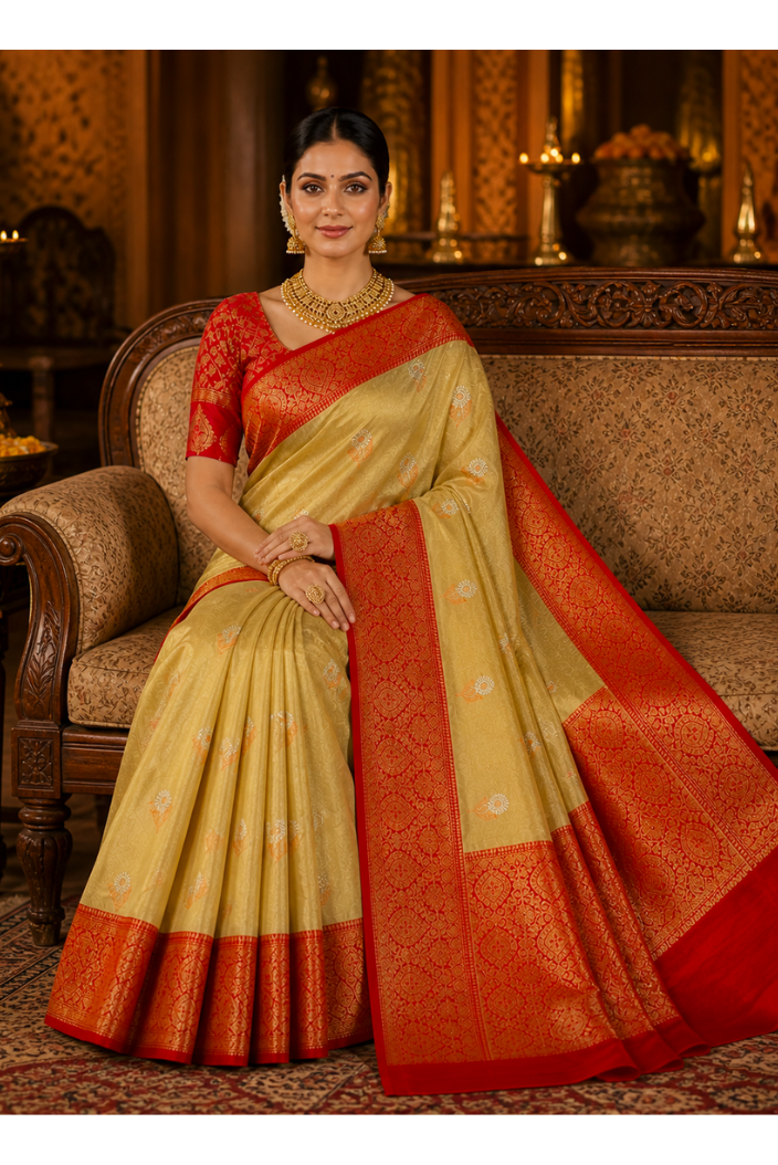 Royal Golden Katan Silk Saree with Red Zari Border