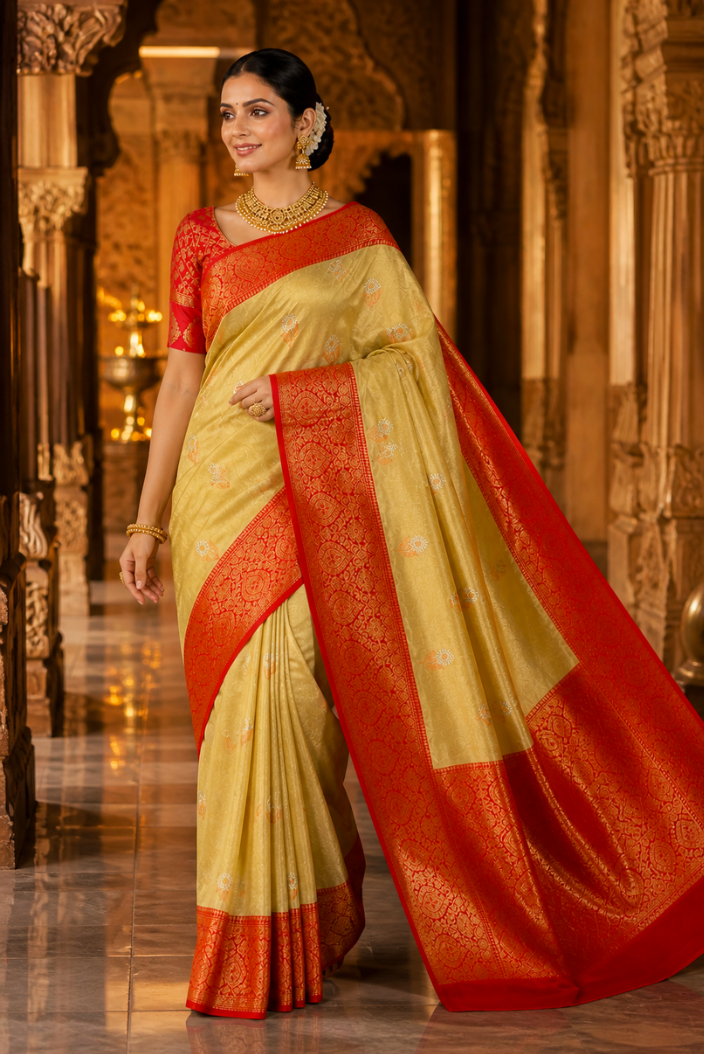 Royal Golden Katan Silk Saree with Red Zari Border