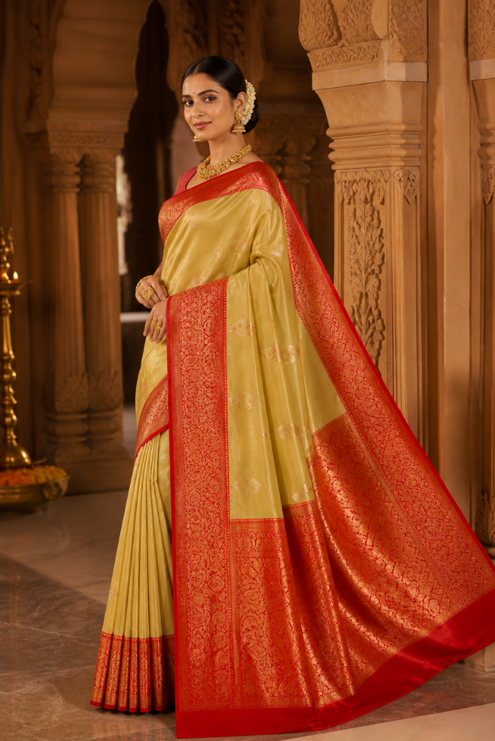 Royal Golden Katan Silk Saree with Red Zari Border