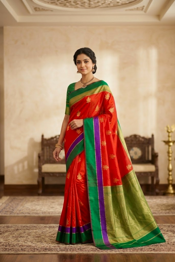 Royal Red Katan Silk Saree with Green Zari Border