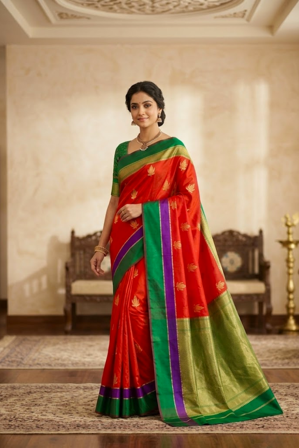 Royal Red Katan Silk Saree with Green Zari Border
