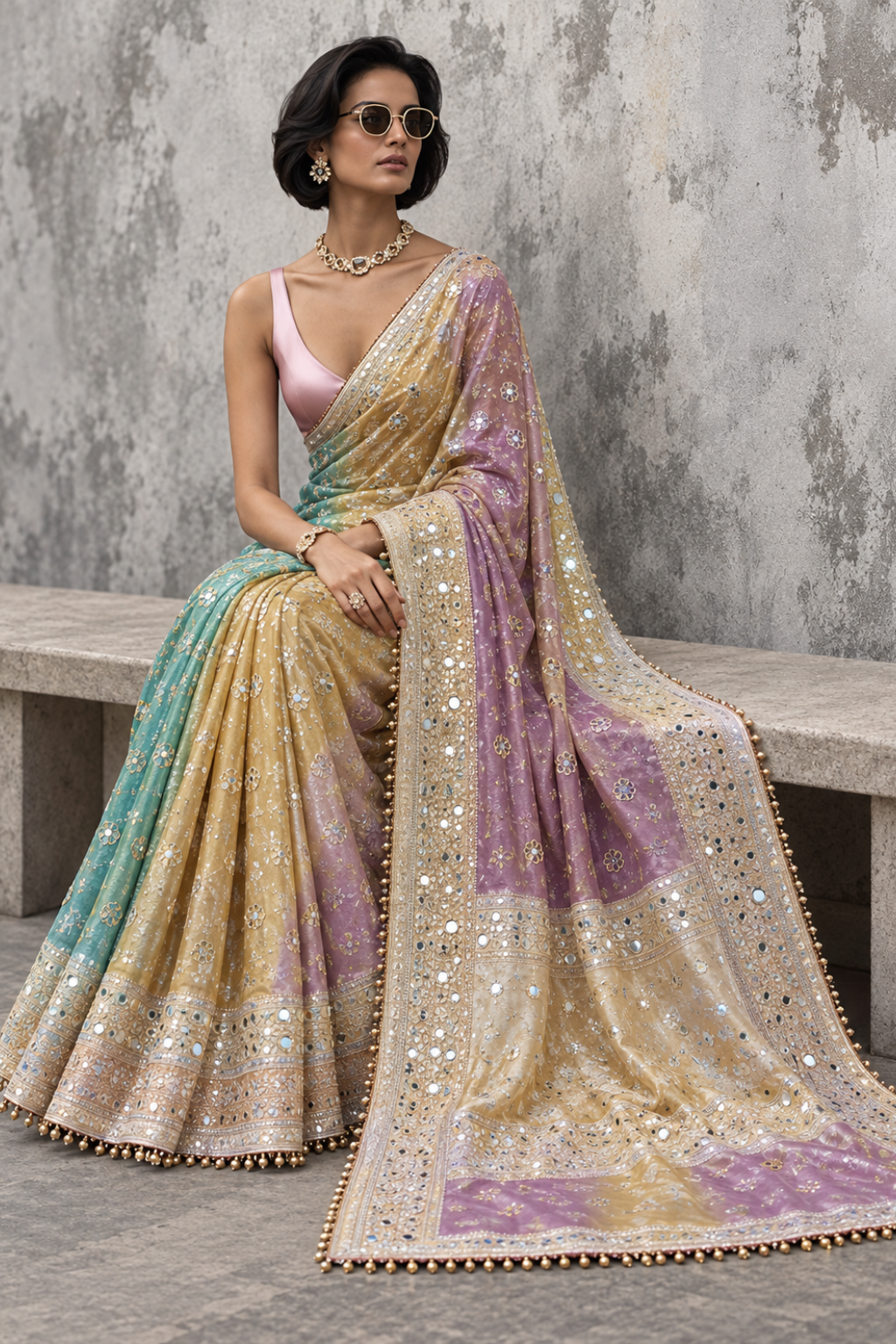 Pastel Multicolour Embroidered Tissue Silk Saree