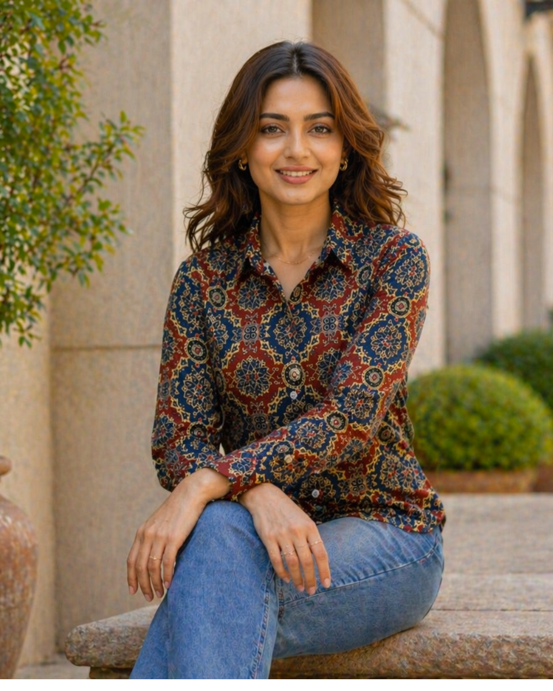 Rust & Navy Ajrakh Inspired Printed Casual Shirt