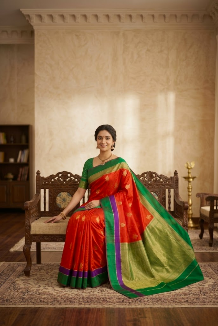 Royal Red Katan Silk Saree with Green Zari Border