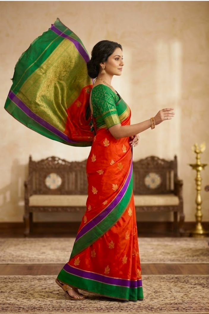 Royal Red Katan Silk Saree with Green Zari Border