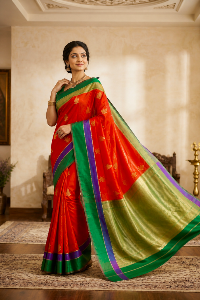 Royal Red Katan Silk Saree with Green Zari Border