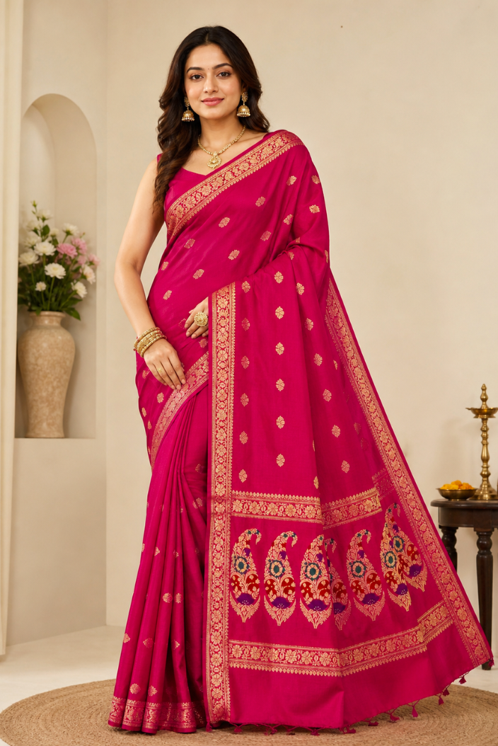 Rani Pink Banarasi Silk Saree with Golden Zari