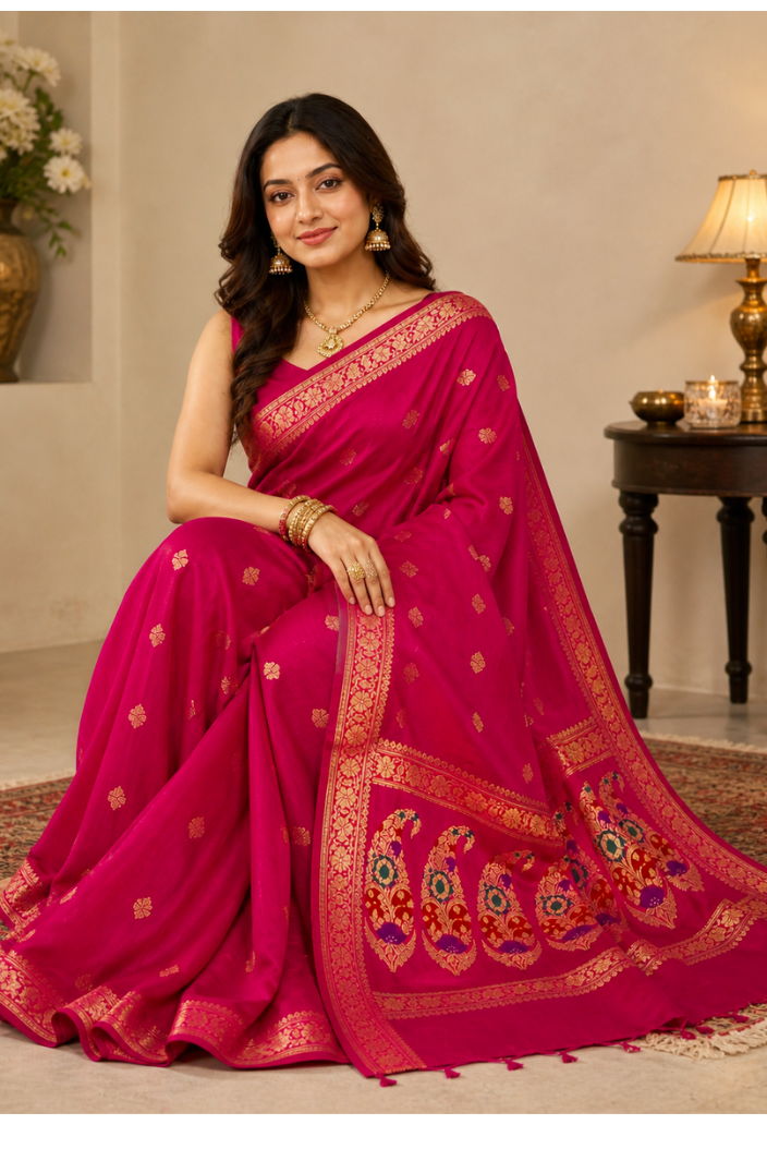 Rani Pink Banarasi Silk Saree with Golden Zari