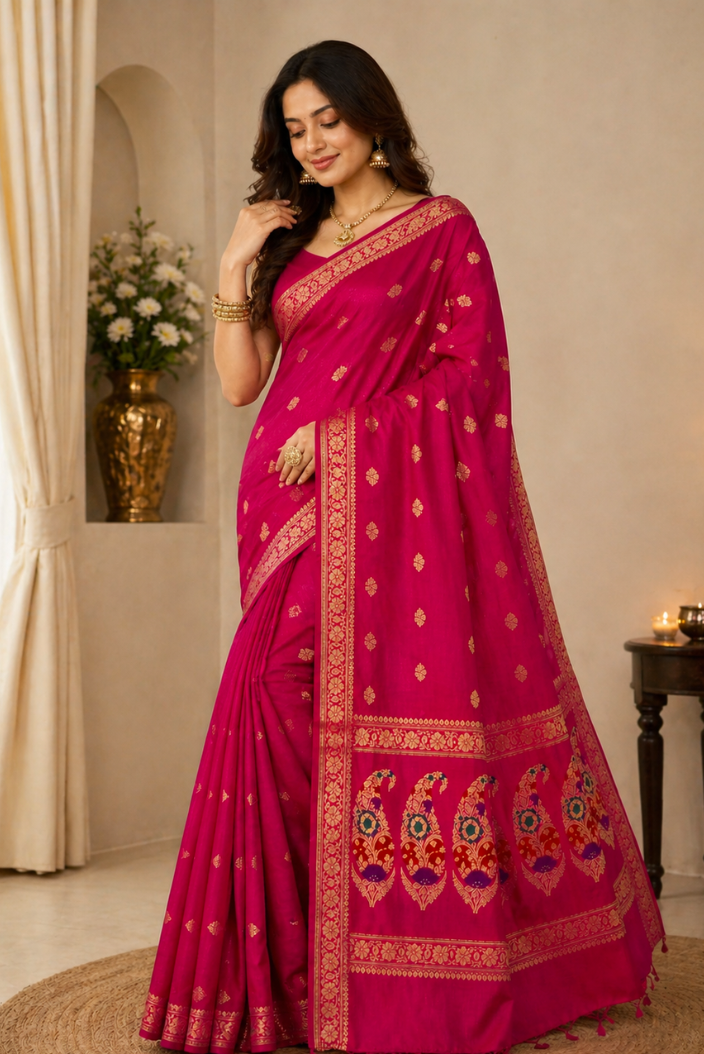 Rani Pink Banarasi Silk Saree with Golden Zari