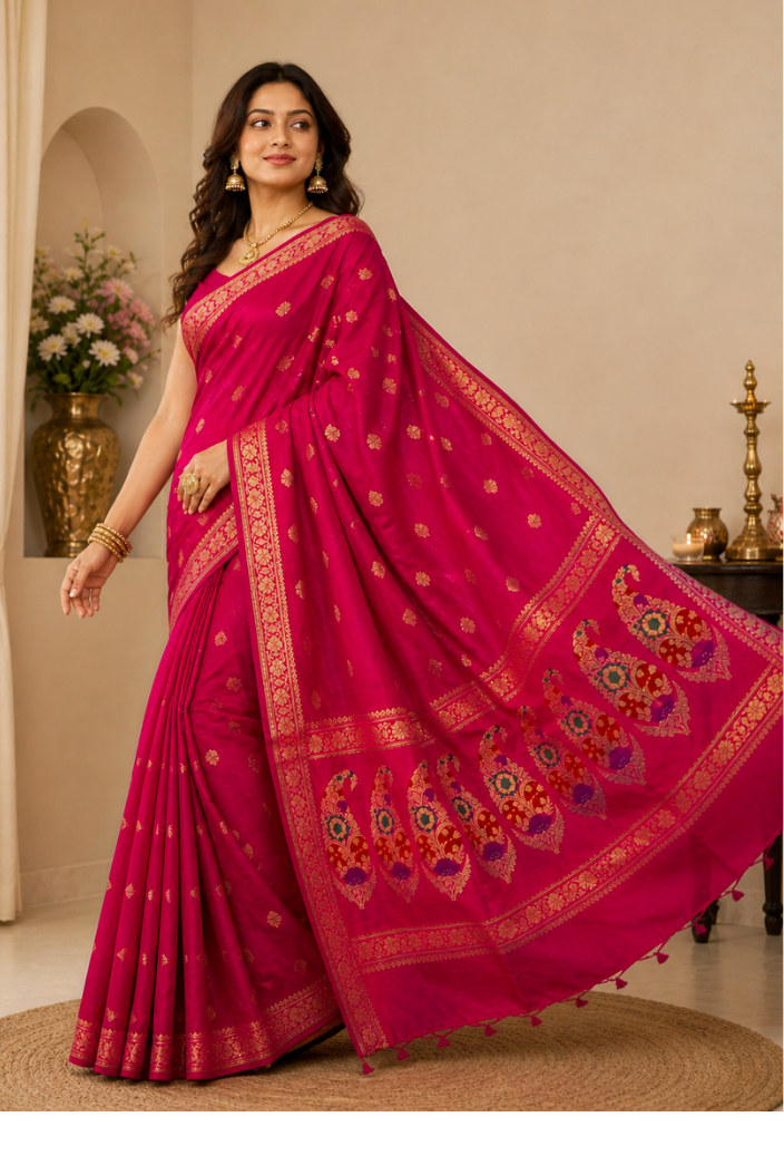 Rani Pink Banarasi Silk Saree with Golden Zari