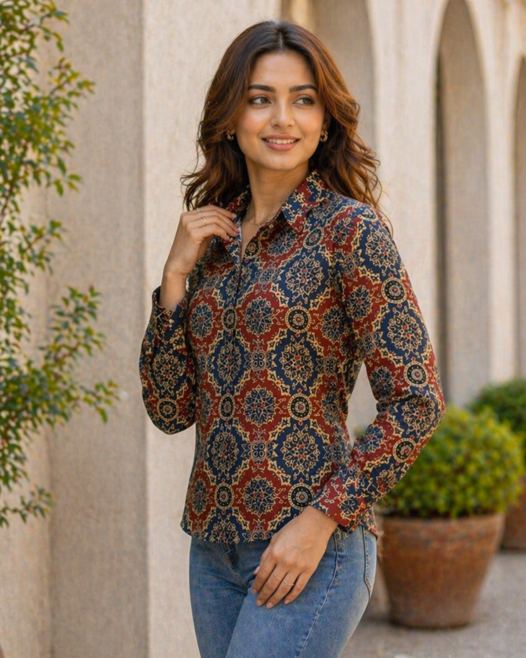 Rust & Navy Ajrakh Inspired Printed Casual Shirt