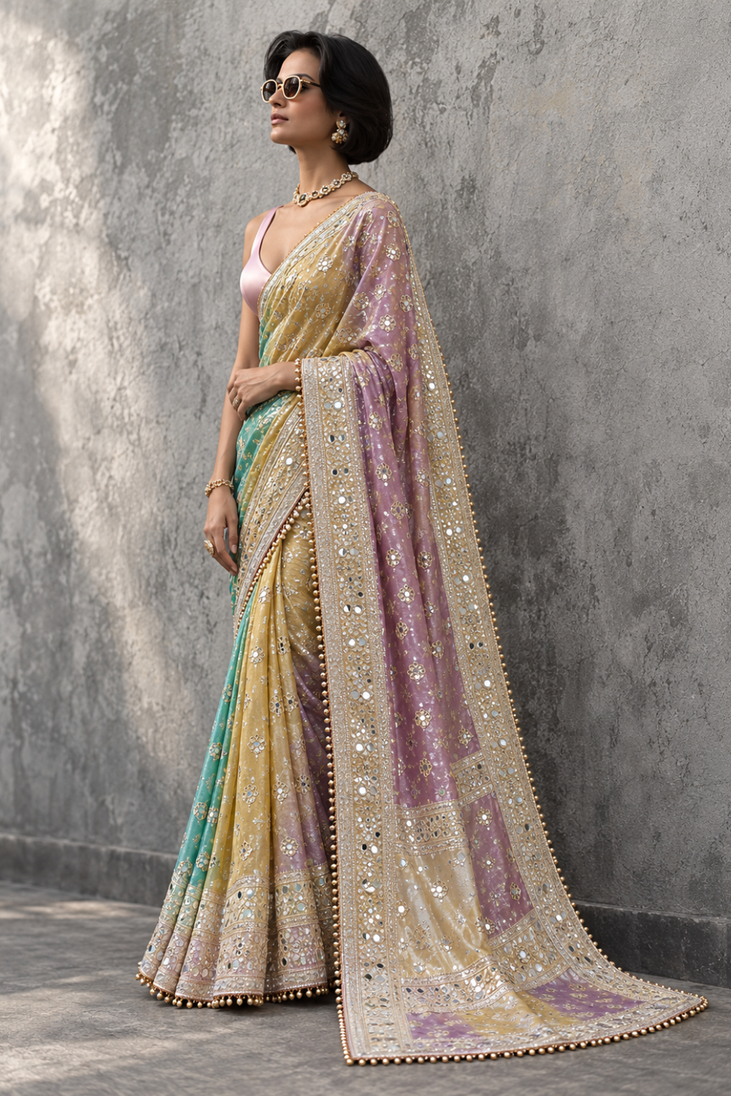 Pastel Multicolour Embroidered Tissue Silk Saree