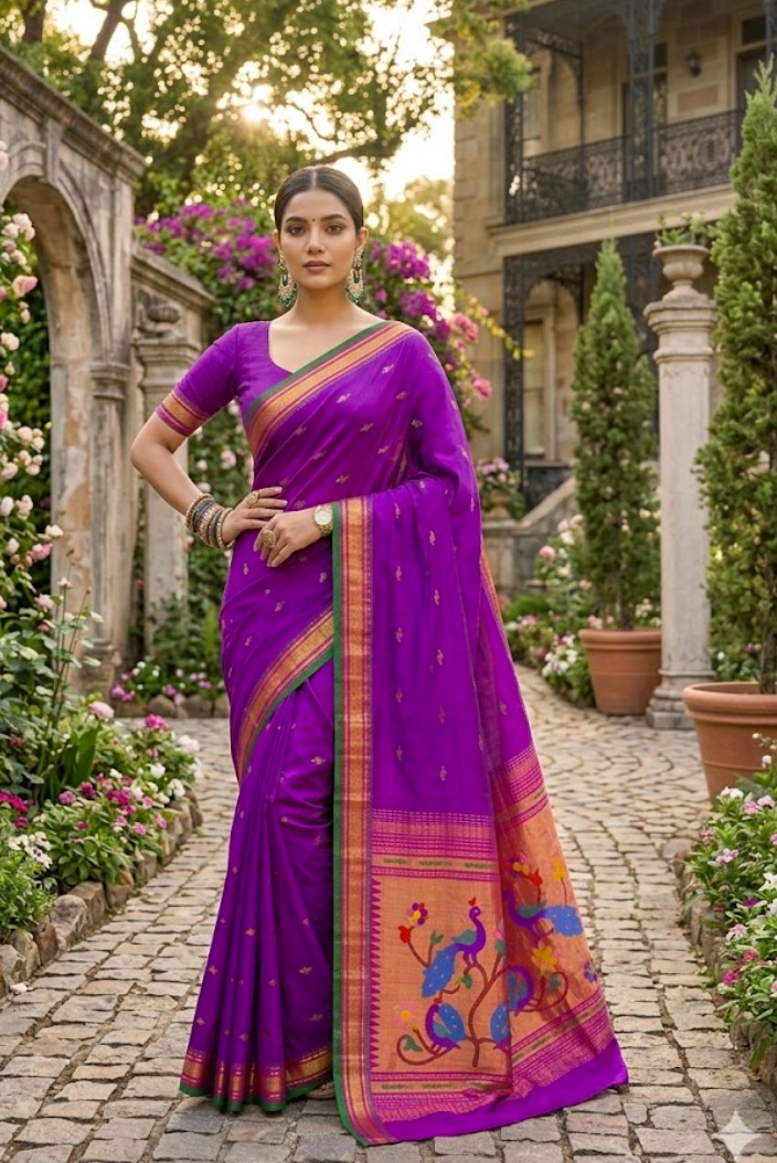 Royal Purple Paithani Silk Saree with Peacock Pallu