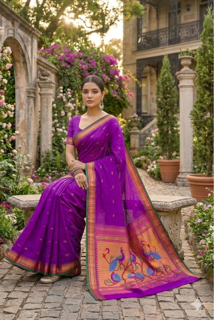 Royal Purple Paithani Silk Saree with Peacock Pallu