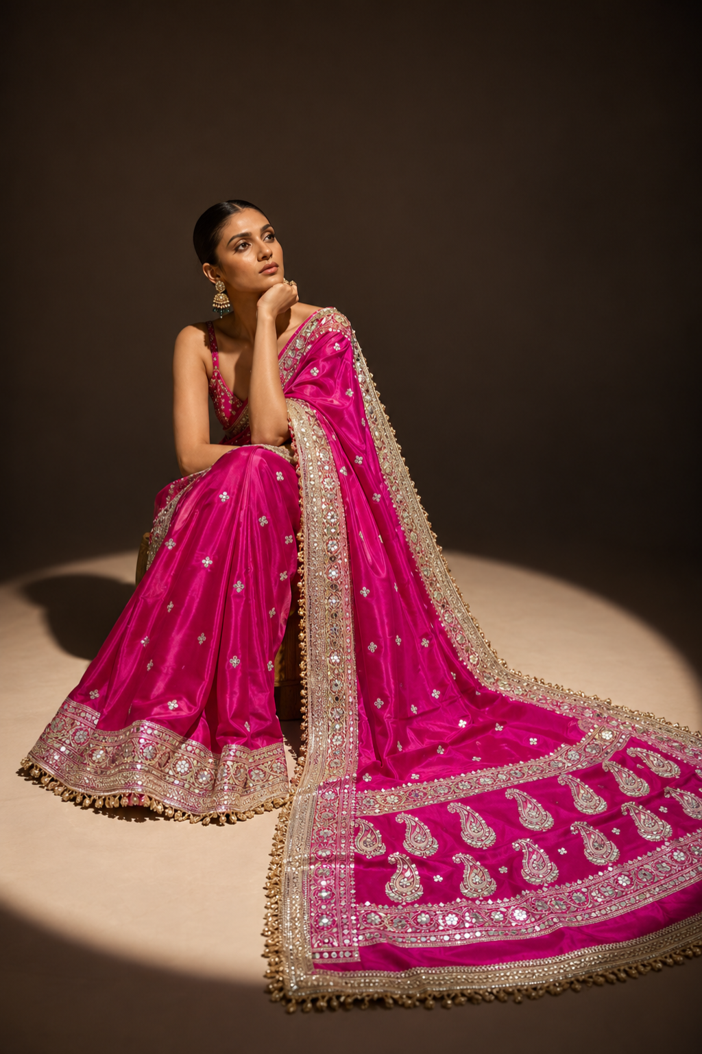Rani Pink Embroidered Silk Saree