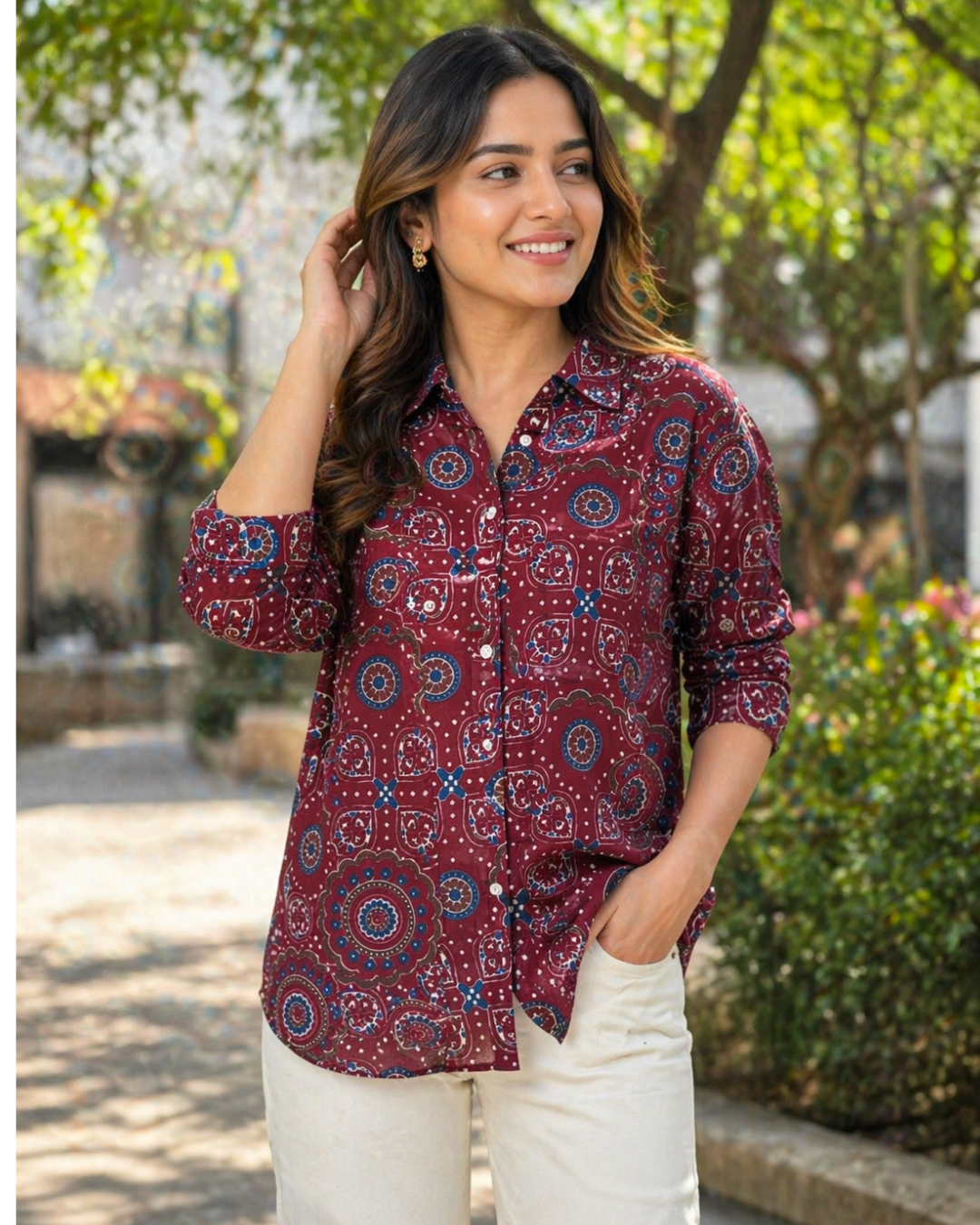 Maroon Ajrakh Inspired Printed Casual Shirt