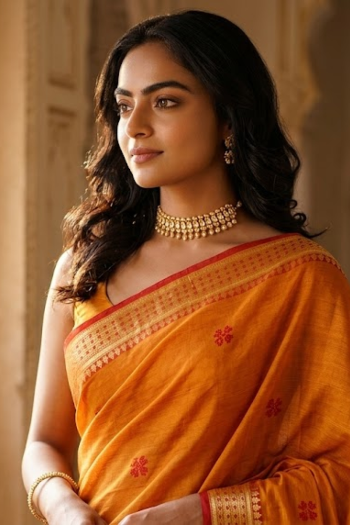 Mustard Orange Maheshwari Cotton Silk Saree