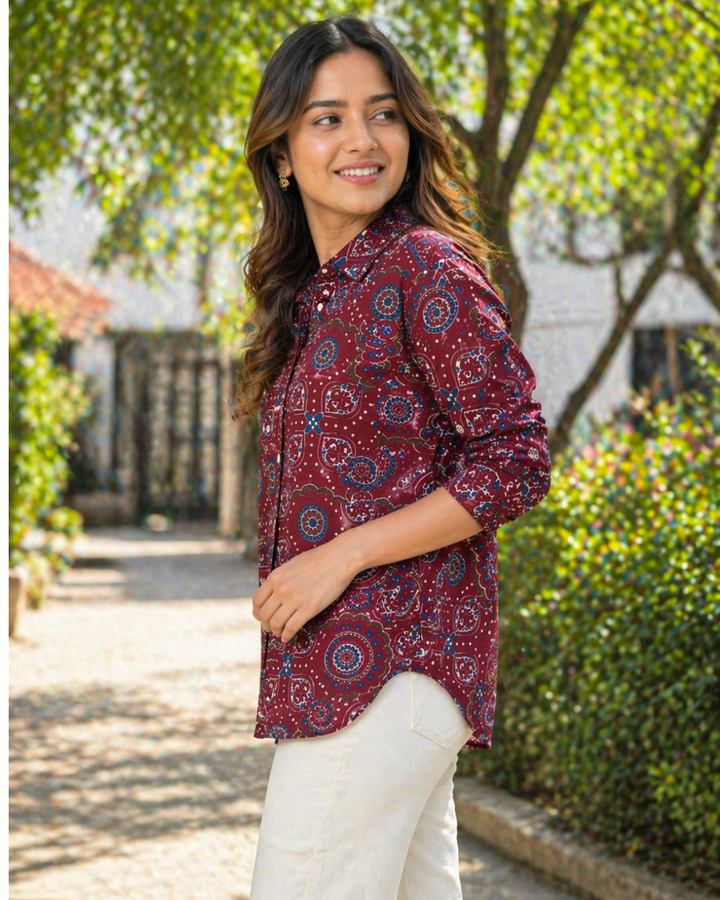 Maroon Ajrakh Inspired Printed Casual Shirt