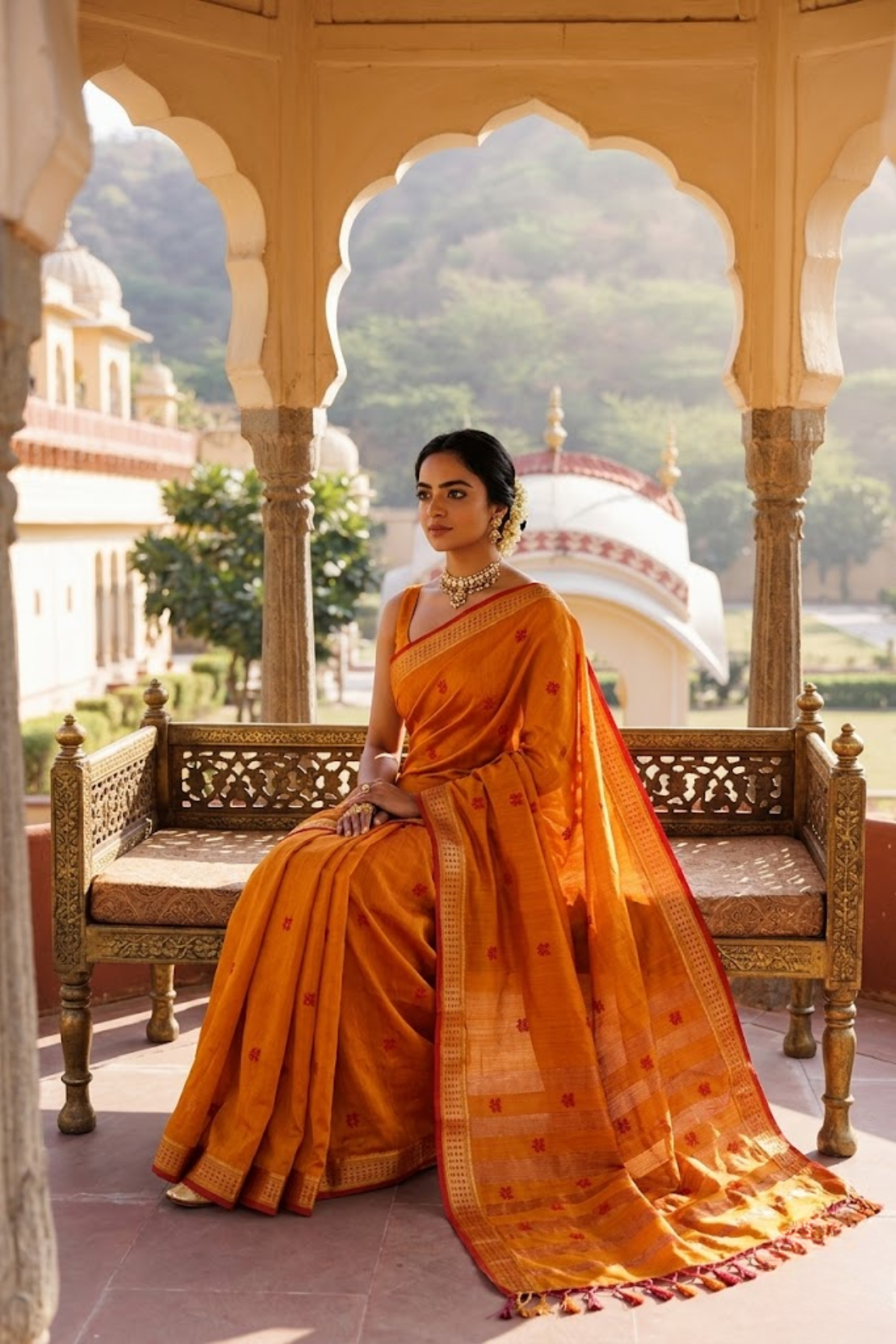 Mustard Orange Maheshwari Cotton Silk Saree