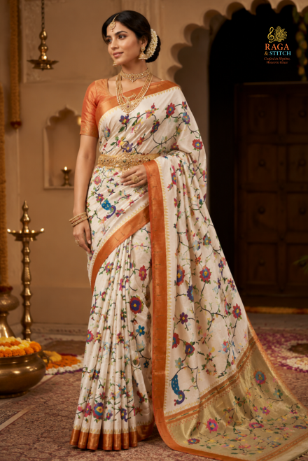 Ivory White Pure Zari Paithani Saree