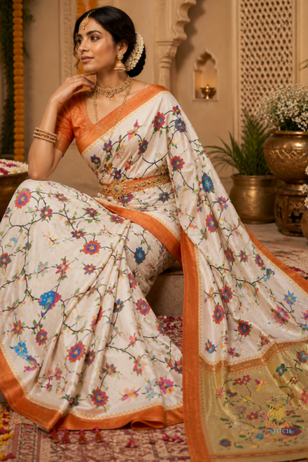 Ivory White Pure Zari Paithani Saree
