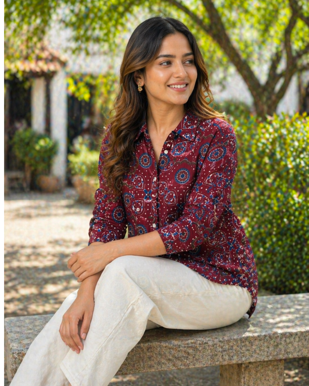 Maroon Ajrakh Inspired Printed Casual Shirt