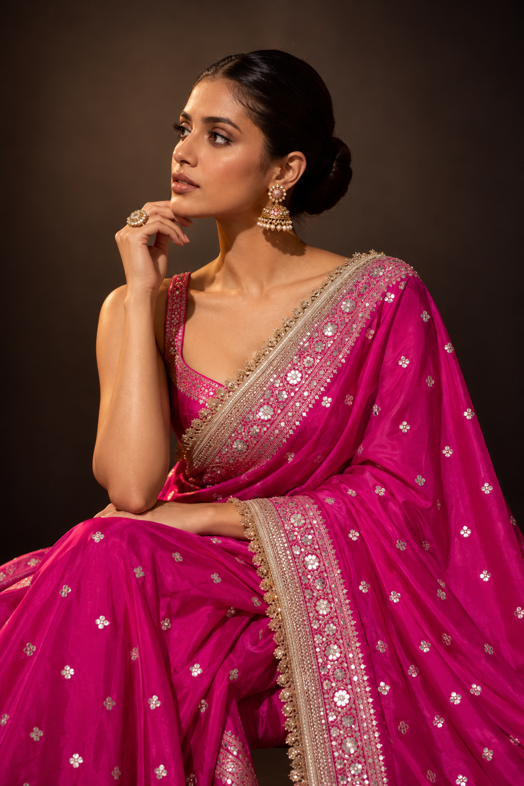 Rani Pink Embroidered Silk Saree