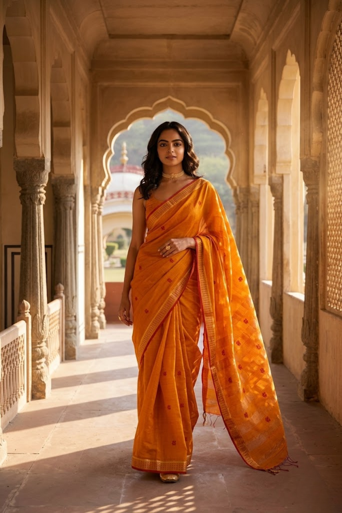 Mustard Orange Maheshwari Cotton Silk Saree