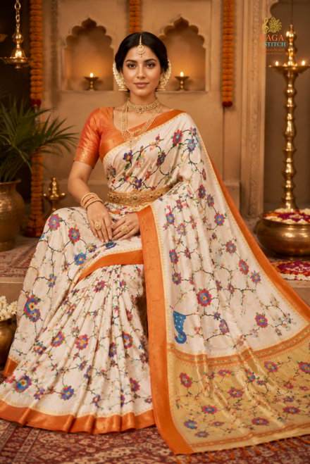 Ivory White Pure Zari Paithani Saree