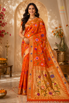 Orange Pure Silk Zari Paithani Floral Saree