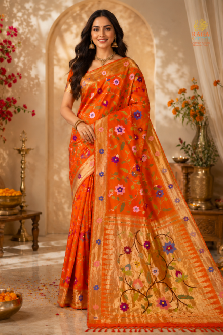 Orange Pure Silk Zari Paithani Floral Saree
