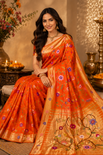 Orange Pure Silk Zari Paithani Floral Saree