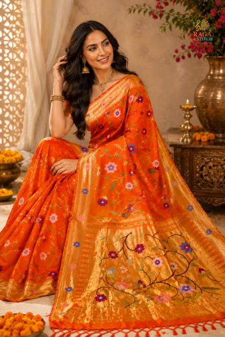 Orange Pure Silk Zari Paithani Floral Saree