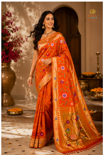 Orange Pure Silk Zari Paithani Floral Saree