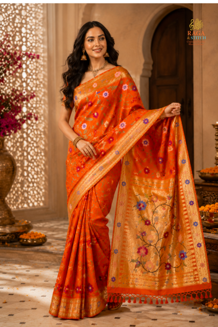 Orange Pure Silk Zari Paithani Floral Saree