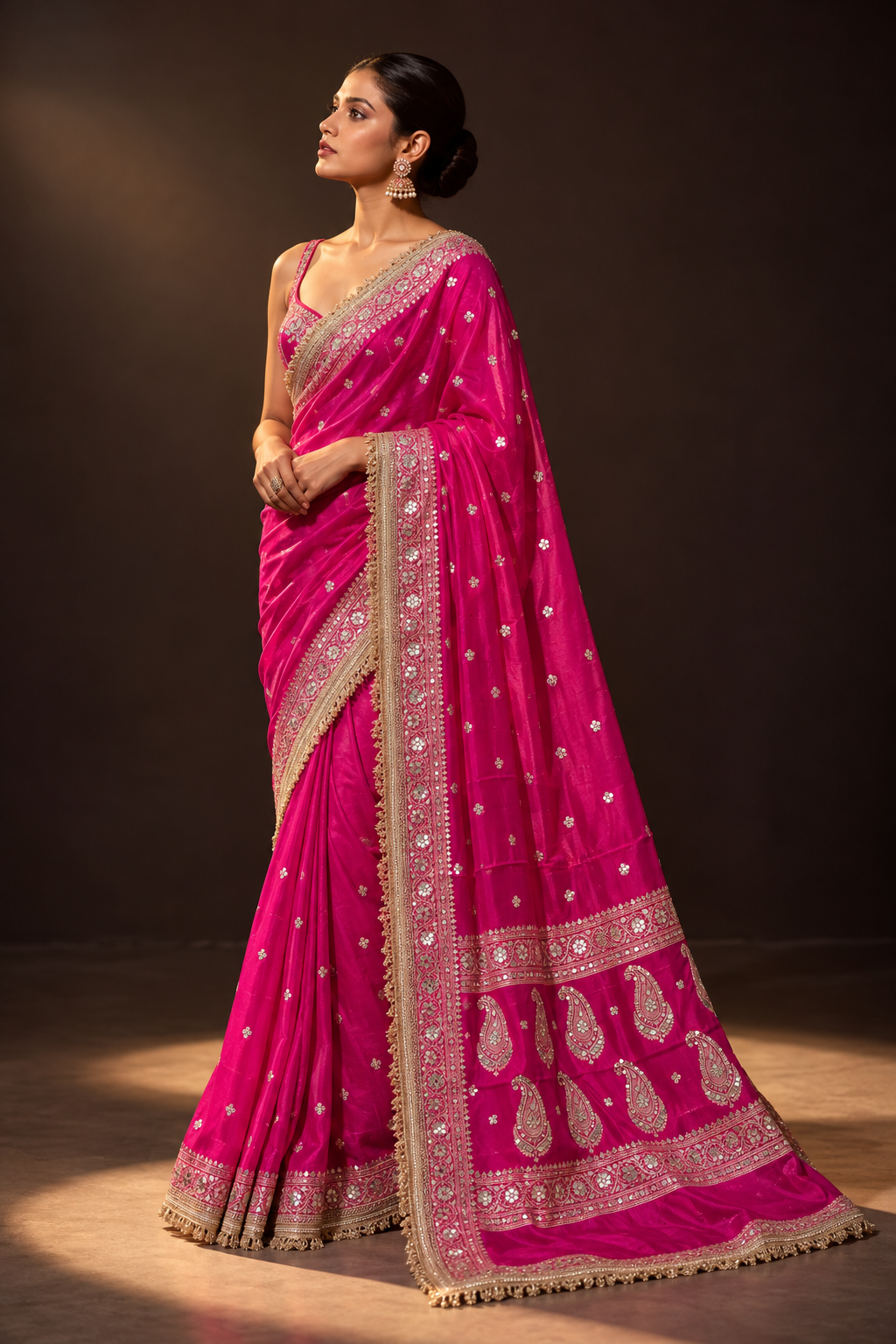 Rani Pink Embroidered Silk Saree