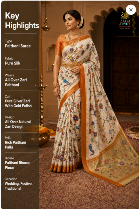 Ivory White Pure Zari Paithani Saree