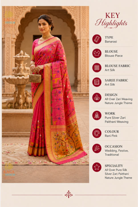 Pink Pure Silk Zari Paithani Nature Jungle Saree