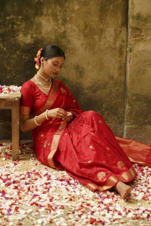 Crimson Red Pure Banarasi Silk Saree with Gold Zari Motifs