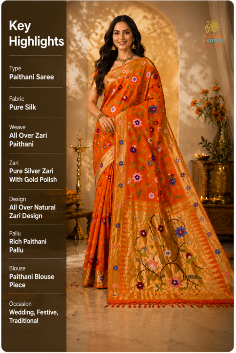 Orange Pure Silk Zari Paithani Floral Saree