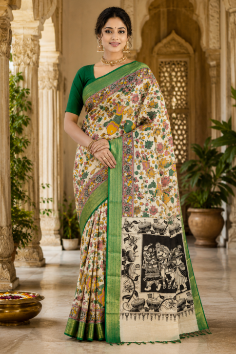 Vriksha Kalamkari Kanchi Silk Saree