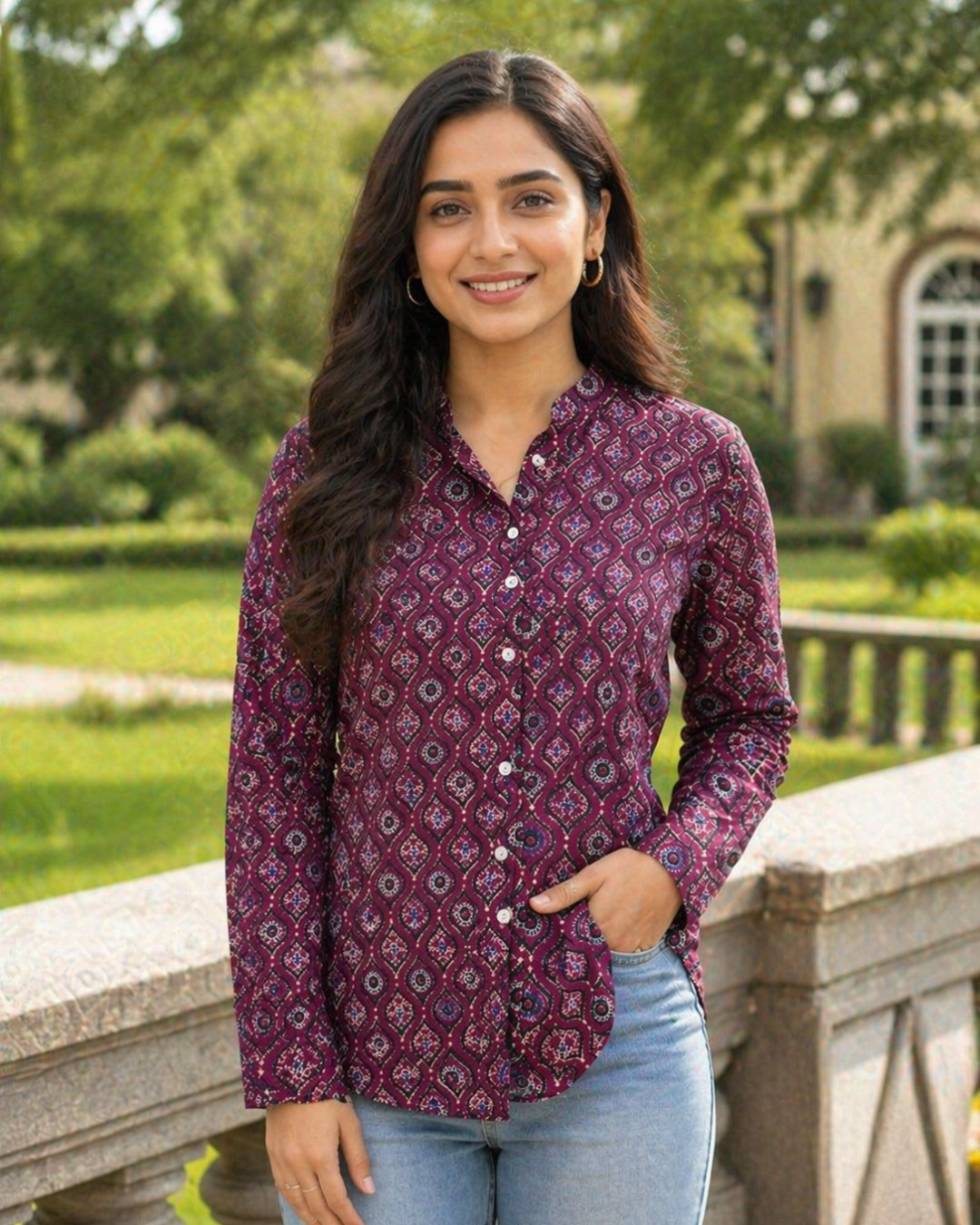 Wine Geometric Printed Casual Shirt